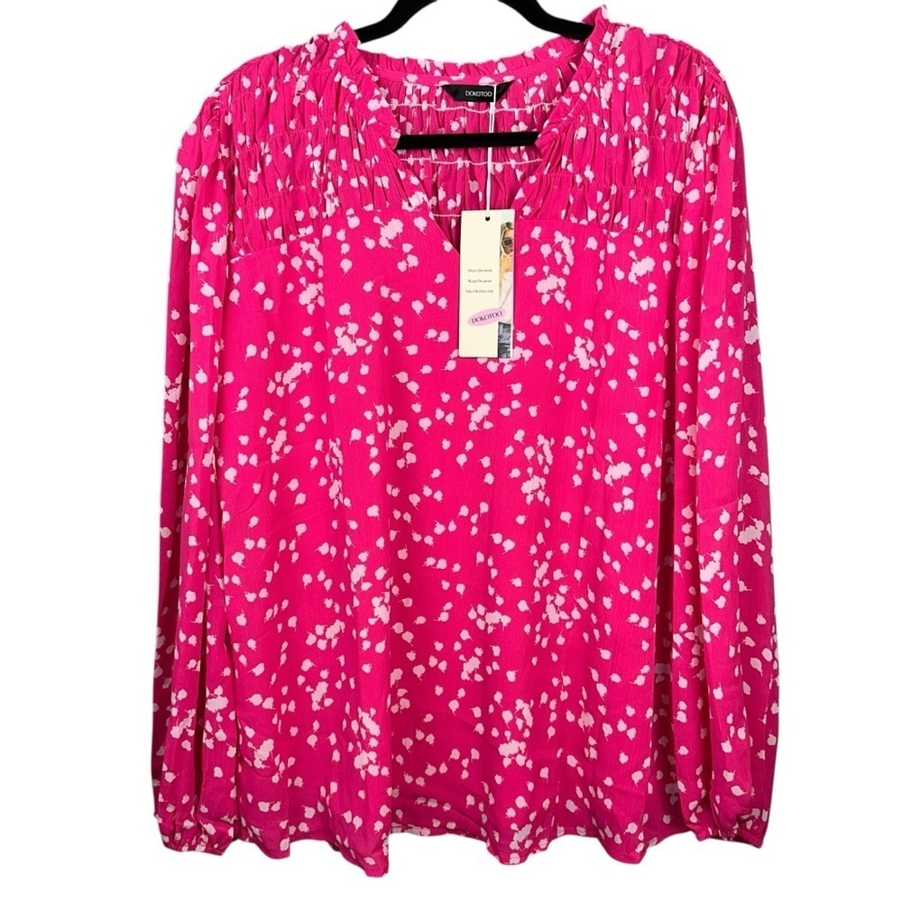 Dokotoo Women's XL Pink Alicia Floral Print Smocked Chiffon Blouse Office Boho